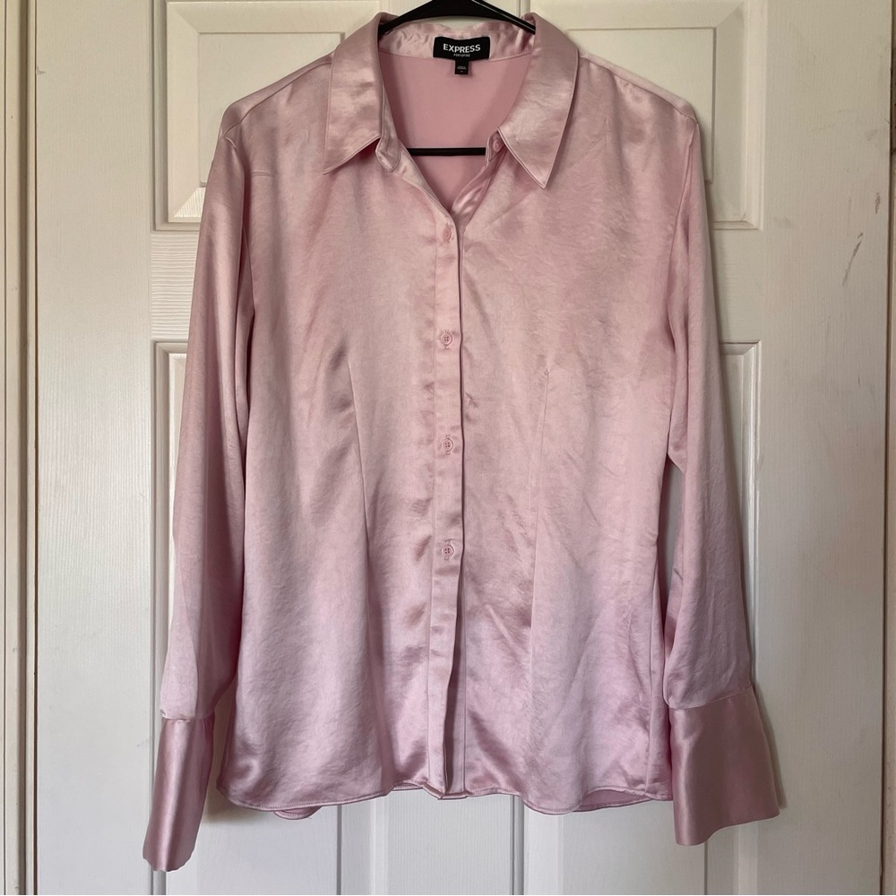Express Light Pink Satin Button-Up Blouse